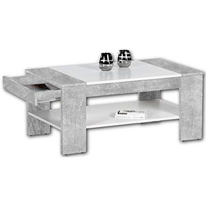FINLEY Plus salontafel in betonlook, wit, ruime salontafel met lade en plank voor je woonkamer, 100 x 44 x 58 cm (b x h x d)