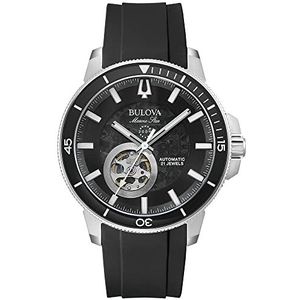 Bulova Heren analoog automatisch horloge met siliconen armband 96A288, zilver-zwart, Riemen.