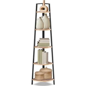BAKAJI Boekenkast met 5 niveaus, hoekplank, industrieel design, multifunctionele hoekplank met metalen frame, ideaal vloerrek voor thuis, kantoor, woonkamer, keuken (licht hout)