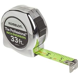 Komelon 433IEHV Hoge Zichtbaarheid Professionele Meetlint Zowel Inch en Engineer Schaal Gedrukt 33 voet bij 3-3-3-3,5 cm, chroom