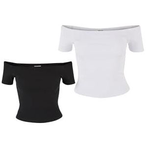Urban Classics Dames T-Shirt Dames Organic Off Shoulder Rib Tee 2-Pack Zwart + Wit S, zwart + wit, S