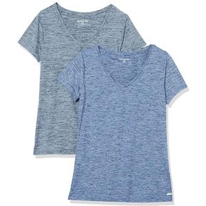 Amazon Essentials Dames Tech Stretch T-shirt met korte mouwen en V-hals (verkrijgbaar in grote maten), 2-Pack, Marineblauw/Zwart, XS