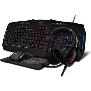L33T Assassin's Creed Valhalla 4-in-1 Battlepack, over-ear gaming headset (50 mm driver) incl. microfoon, gaming toetsenbord en optische muis met RGB-verlichting, antislip textiel muismat, zwart