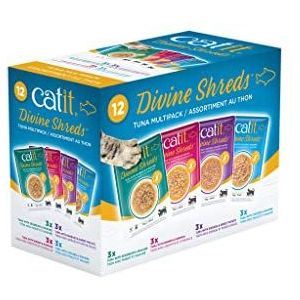 Catit Divine Shreds Premium kattenvoer, droogvoer, topping voor droogvoer, multipack met tonijn, 4 verschillende smaken, 12 x 75 g