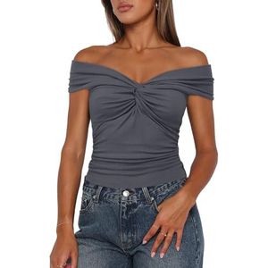 Darong Womens Sexy Off Shoulder V Neck Tops Sleeveless Slim Fit T-Shirts Basic Y2K Tops Bustier Corset Cami 2024 9058 Grey M