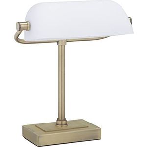 Relaxdays bankierslamp met witte lampenkap, metalen voet, kantelbare kap, E14-fitting, bibliotheeklamp, wit/messing