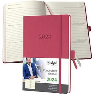 SIGEL C2470 afsprakenplanner weekkalender 2024, ca. A5, rood, hardcover, 192 pagina's, elastiek, penlus, archieftas, PEFC-gecertificeerd, Conceptum