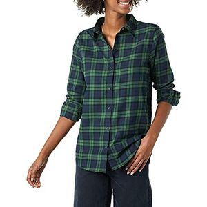 Amazon Essentials Women's Lichtgewicht geruite flanellen overhemd met klassieke pasvorm en lange mouwen, Donkergroen Marineblauw Middelgroot geruit, L