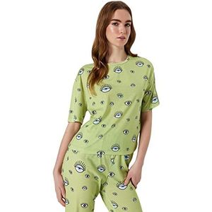 Trendyol Dames landschapsprint midden gebreide T-shirt-broek pyjama set, groen, S, Groen, S
