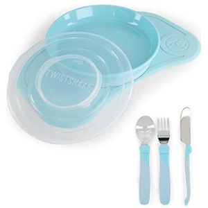 Twistshake Baby Servies Set Mini + Bestek | Zuigbord + Placemat (31x17cm) + Roestvrij Stalen Bestek 12m+ | BPA Vrij | Voedings Training Bord | Blau