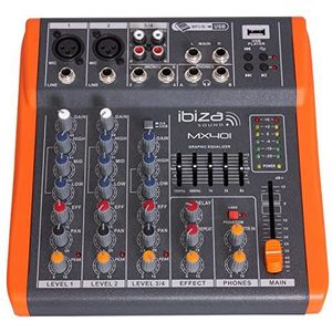 Ibiza - MX401 - Complete semi-professionele 4-kanaals mixer (5-bands EQ) met microfoon- en lijningangen en REC-, RCA-, hoofdtelefoon- en AUX-uitgangen - USB - Zwart en oranje
