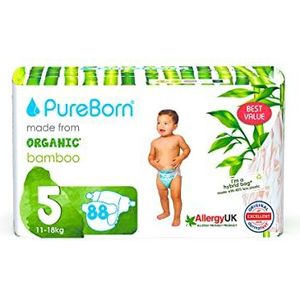 PureBorn Eco Organic Bamboe Luiers, Maat 5 (11-18 kg), 88 Luiers, Hypoallergeen, Ultrazacht, Milieuvriendelijk, Assorti Print, Natheidsindicator