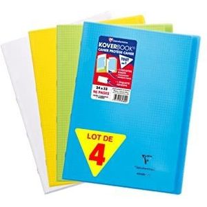Clairefontaine 981640AMZC - Set van 4 Geniete Koverbook Schriften - 24x32 cm - 96 Pagina's Kleine Vierkante Ruitjes - Wit Papier 90 g - Polypro Cover (Blauw, kleurloos, Geel en Groen)