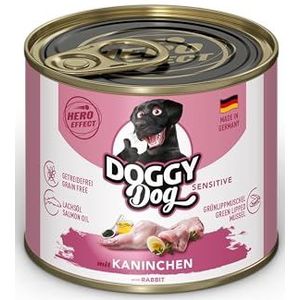 DOGGY Dog Paté Sensitive Konijntje Sensitive, 6 x 200 g, nat voer voor honden, graanvrij hondenvoer met zalmolie en groenlipmossel, bijzonder goed verdragen compleet voer, Made in Germany