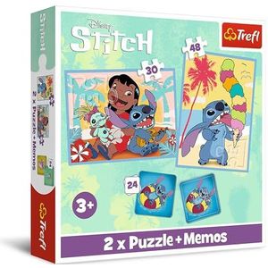Trefl - Lilo & Stitch, Vrolijke dag voor Lilo&Stitch - 3in1: 2x Puzzel + geheugenspel, puzzel met de helden uit de cartoon, 30 en 48 stukjes, 24 memo's, plezier voor kinderen vanaf 3 jaar