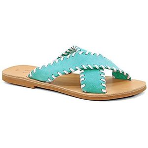 Turquoise-Wit 36 Emmanuela Griekse lederen geborduurde platte sandalen, hoogwaardige handgemaakte dia op x riem zomerschoenen voor vrouwen, schuif sandalen met open tenen