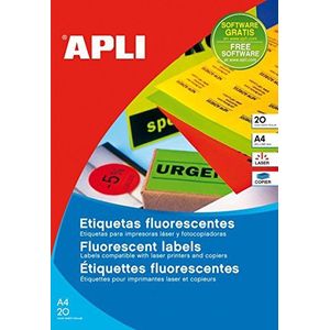 APLI 2880 - Permanente fluorescerende rode etiketten 210,0 x 297,0 mm 20 vellen