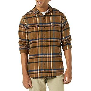Amazon Essentials Men's Flanellen overhemd met lange mouwen, twee zakken en normale pasvorm, Tabakbruin Plaid, L