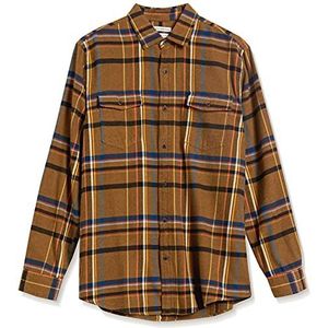 Amazon Essentials Men's Flanellen overhemd met lange mouwen, twee zakken en normale pasvorm, Tabakbruin Plaid, L