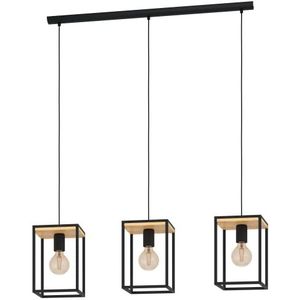 EGLO Hanglamp Libertad, 3-pits eettafellamp, pendellamp van zwart metaal en natuurlijk hout, lamp hangend voor woonkamer en eetkamer, E27 fitting