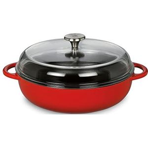 Küchenprofi PROVENCE Gietijzeren pan rond geëmailleerd rood/binnen zwart | 28 cm | met hoog glazen deksel | geschikt voor alle warmtebronnen, incl. inductie | stoofpan | braadpan met deksel
