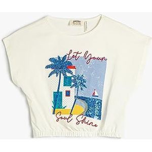 Koton T-shirt met korte mouwen voor meisjes, oversized, zomer-thema, bedrukt, met sequined detail, ecru (010), 5-6 Jaar