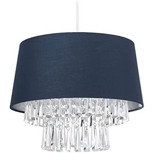 Relaxdays hanglamp stof, plafondlamp met ronde lampenkap, met kristallen, E27-fitting, HxØ: 130 x 32, in het donkerblauw