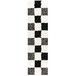 mynes Home Shaggy tapijt hoogpolig zwart grijs wit 30 mm/langpolig tapijten geruit/loper gang / 70x250 cm