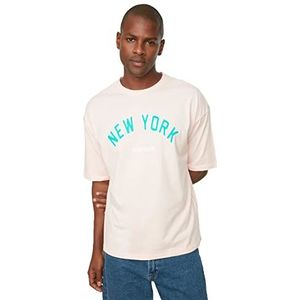 Trendyol Heren Puderman oversized pasvorm 100% katoen ronde kraag korte mouwen print T-shirt Powder Pink, Small