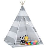 Relaxdays Tipi tent voor kinderen, met bodem, kinderkamertent, HxBxD: 160 x 120 x 120 cm, Wigwam kindertent, wit-grijs