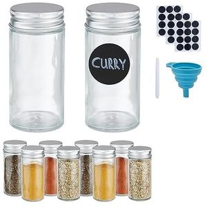 Relaxdays kruidenpotjes set van 10, strooipotjes glas, 120 ml, met etiketten, stift & trechter, transparant/zilver