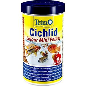 Tetra Cichlid Colour Mini Pellets - visvoer voor intensieve en heldere kleuren, vooral voor kleine bonte baarzen met rode, oranje en gele kleuren, 500 ml blik