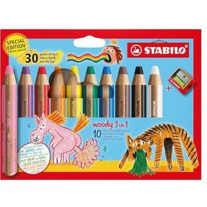 Multi Talent Kleurpotlood – STABILO Woody 3 in 1 – Verjaardag Editie – Eenhoorn - Etui Met 10 Kleuren + Puntenslijper