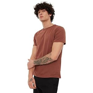 Trendyol Heren Dark Brown Basic Heren Slim Fit 100% Katoen Korte Mouw Bicycle T-Shirt, XXL