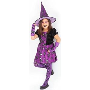 Rubies Minini bruidskostuum voor meisjes, paarse heksenjurk met kittenprint en bijpassende hoed, origineel, Halloween, carnaval en verjaardag, maat L