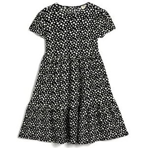 Koton Girls's Floral Short Sleeve Round Collar Midi Relax Cut Dress, Zwart design (9d9), 5-6 jaar