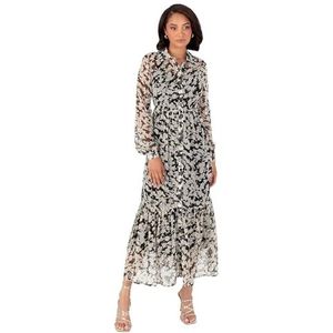 Lovedrobe Midaxi Dress Dames Shirt Collar Lange Mouwen Bloemen Elastische Taille Gouden Textuur Smart Casual Kantoorkleding, Zwart 54, zwart, 54 NL