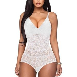 BRABIC Lace Bodysuit for Women Tummy Control Shapewear Sleeveless Tops V-Neck Backless Camisole Jumpsuit Shaper (White, X-Large)