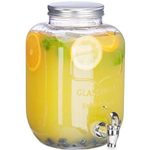 Relaxdays drankdispenser 5 l, van glas, met tapkraan, waterdispenser, retro limonadetap, voor tuinfeestjes, transparant