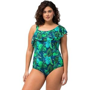 Ulla Popken Dames jungle, softcups, volant badpak one-shoulder, Jeans blauw, 42