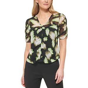 DKNY Damesblouse met ruches aan de voorkant en korte mouwen in crinkle chiffon, zwart/lazer/ivoor, M