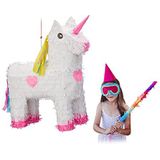 Relaxdays pinata eenhoorn, ophangen, zelf vullen, HxBxD: 47 x 43 x 13 cm, voor kinderen, meisjes, verjaardag, wit-roze