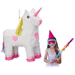 Relaxdays pinata eenhoorn, ophangen, zelf vullen, HxBxD: 47 x 43 x 13 cm, voor kinderen, meisjes, verjaardag, wit-roze