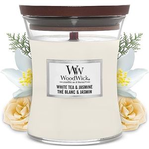 WoodWick Medium Hourglass-geurkaars met knapperende lont | White Tea & Jasmine | Tot wel 60 uur brandtijd