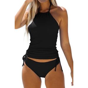 Badpak voor dames, effen, met trekkoord aan de zijkant, nekhouder, tankiniset, effen, zwart, S, Zwart, S