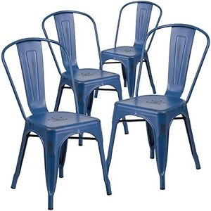 Flash Furniture Stapelstoel van metaal, zwart modern 4 Pack antiek-blauw