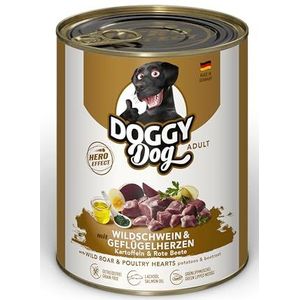 Doggy Dog Paté wildzwijn & gevogelteharten, nat voer voor honden, graanvrij hondenvoer met zalmolie en groene lipmossel met kart, Made in Germany