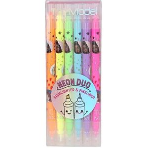 Depesche 11383 TOPModel - Neon Duo Highlighter en Fineliner Set met 6 dubbele vezelstiften in felle kleuren, pennenset met elk een dunne en een brede punt om te schrijven en te markeren.