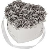 Relaxdays flowerbox hart, met 18 kunstrozen, cadeau voor Moederdag & Valentijnsdag, rozenbox, hengsel, wit/zilver