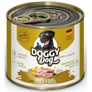 DOGGY Dog Paté Gevogelte Puppy/Junior, 6 x 200 g, nat voer voor jonge honden, graanvrij puppyvoer met zalmolie en groenlipmossel, hondenvoer met aardappelen en wortel, Made in Germany